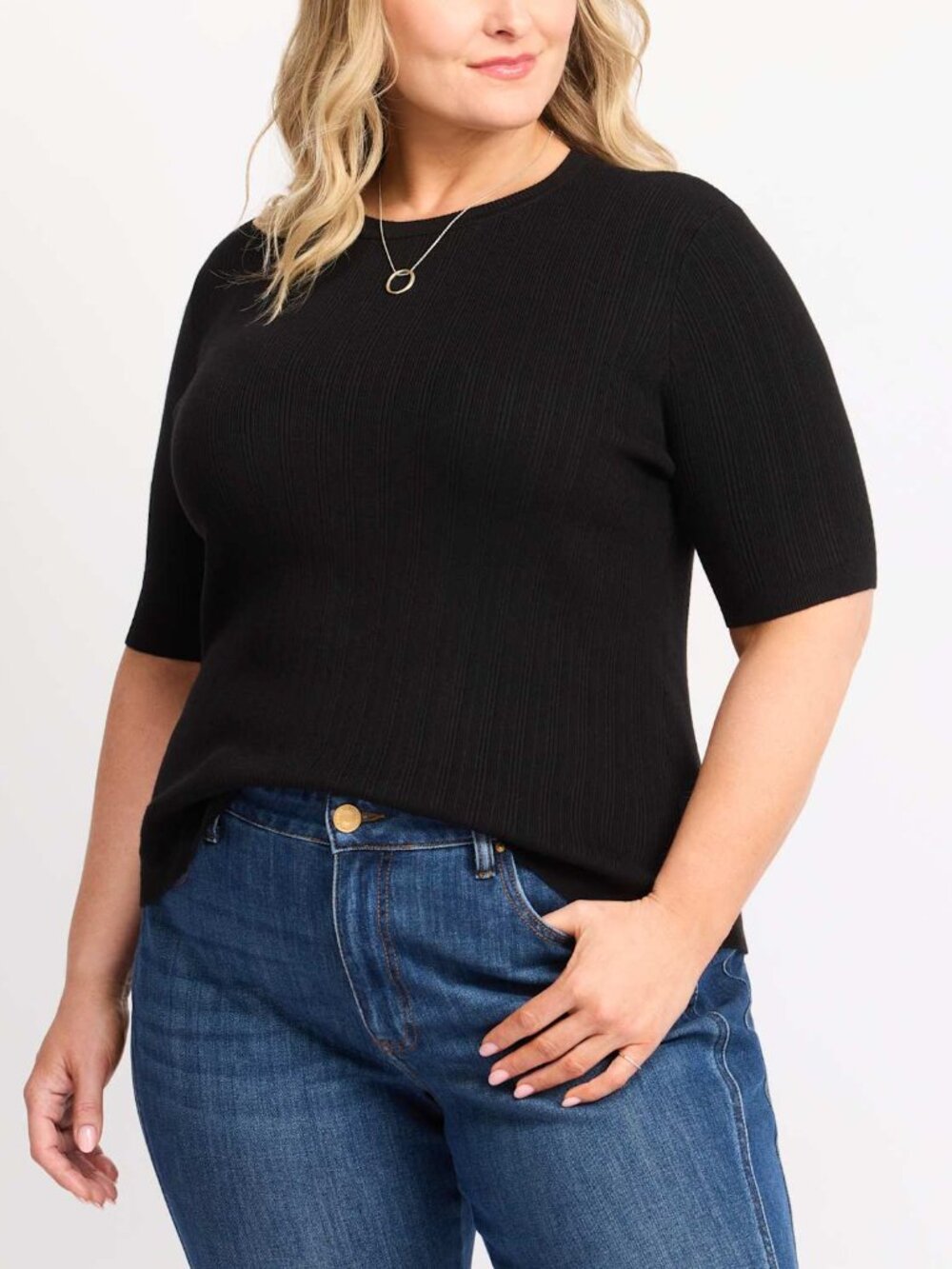 Montgomery Post Variegated Rib Fitted Short Sleeve Sweater Tee Black Plus 3X